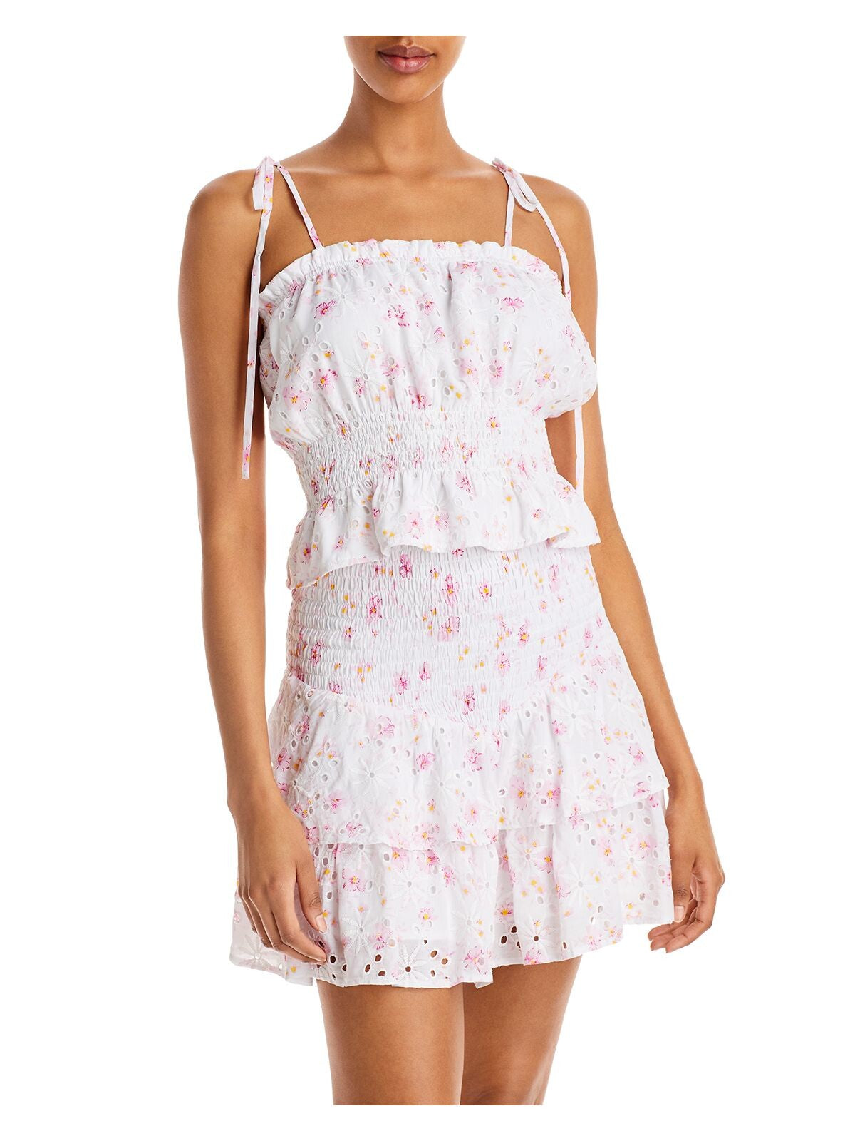 LUCY PARIS Womens White Eyelet Smocked Tie At Shoulders Floral Sleeveless Square Neck Crop Top M