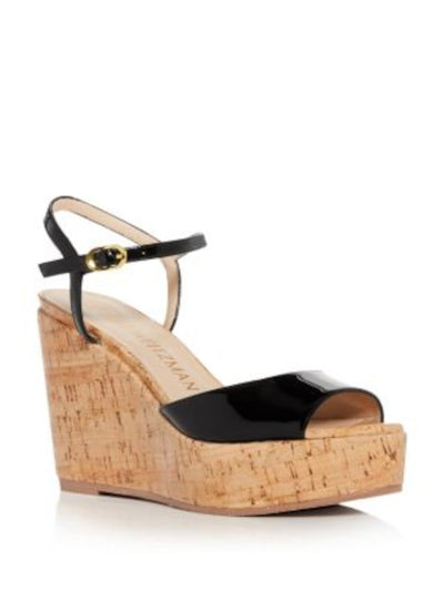 STUART WEITZMAN Womens Black 1-1/2" Platform Cork Adjustable Strap Ankle Strap Padded Palmina Almond Toe Wedge Buckle Leather Heeled Sandal 6.5 M