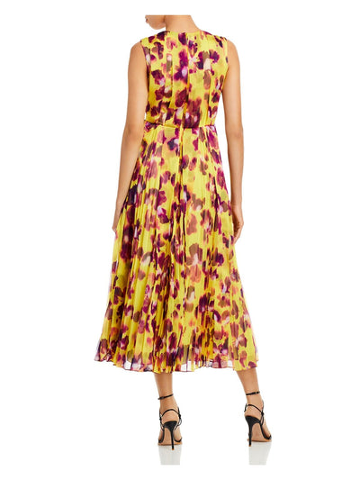 JASON WU Womens Yellow Zippered Pleated Lined Sheer Printed Sleeveless Round Neck Midi Fit + Flare Dress 4