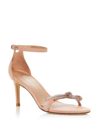 STUART WEITZMAN Womens Pink Padded Rhinestone Bow Accent Cut Out Ankle Strap Goring Nudist Curve 75 Round Toe Stiletto Buckle Leather Dress Heeled Sandal 8.5 B