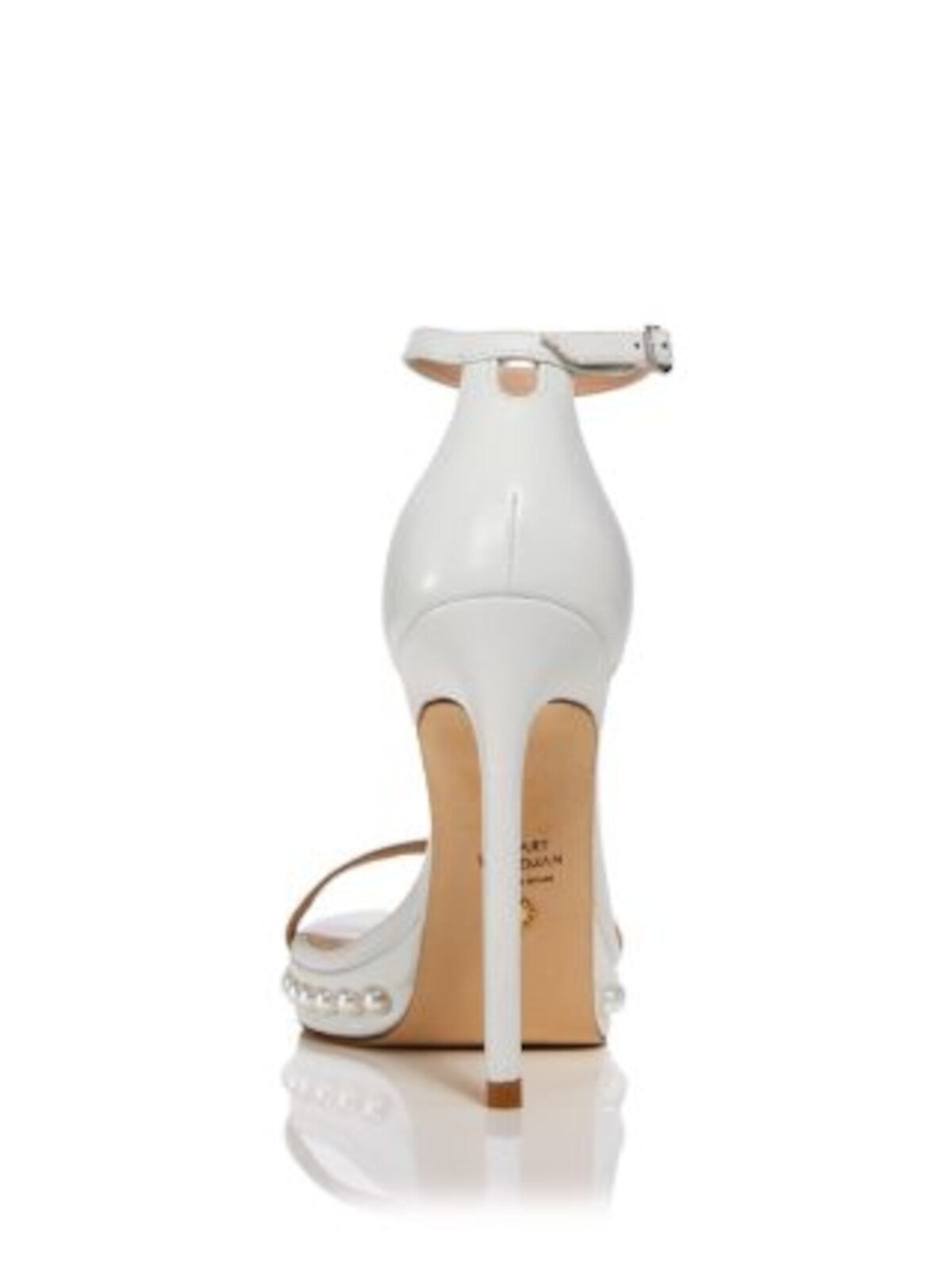 STUART WEITZMAN Womens White Faux Pearl Padded Ankle Strap Embellished Nudist Disco Round Toe Stiletto Buckle Leather Dress Heeled Sandal 10 B