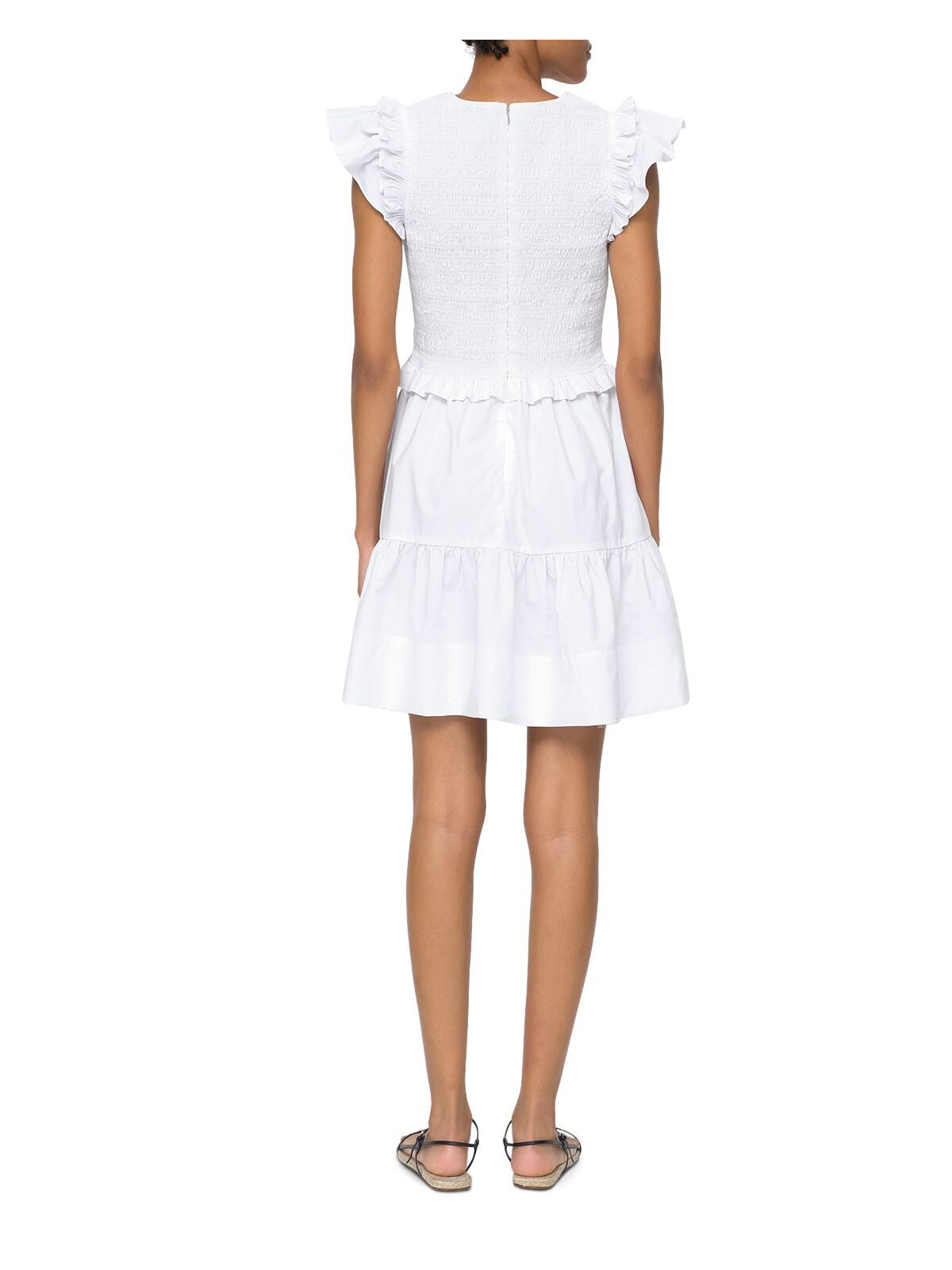 SEA Womens White Smocked Zippered Pleated Ruffled Unlined Tiered Flutter Sleeve V Neck Above The Knee Fit + Flare Dress 00