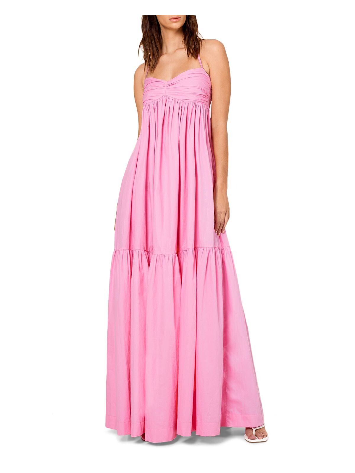 S/W/F Womens Pink Pocketed Smocked Tiered Pleated Tie Back Unlined Spaghetti Strap Sweetheart Neckline Full-Length Gown Dress XS