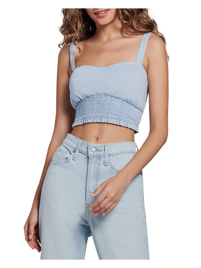 LOST + WANDER Womens Light Blue Smocked Ruffled Sleeveless Sweetheart Neckline Crop Top S