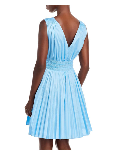 REBECCA TAYLOR Womens Light Blue Pleated Smocked Unlined Ruched Pullover Pocketed Sleeveless V Neck Above The Knee Fit + Flare Dress XS