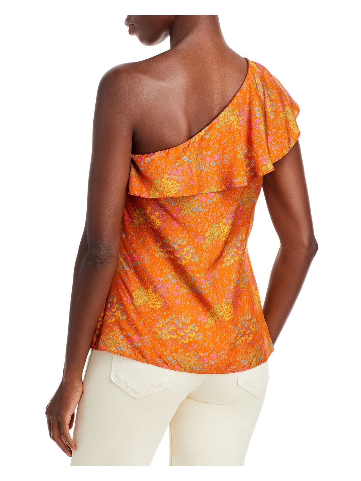 REBECCA TAYLOR Womens Orange Zippered Ruffled Floral Flutter Sleeve Asymmetrical Neckline Top 6