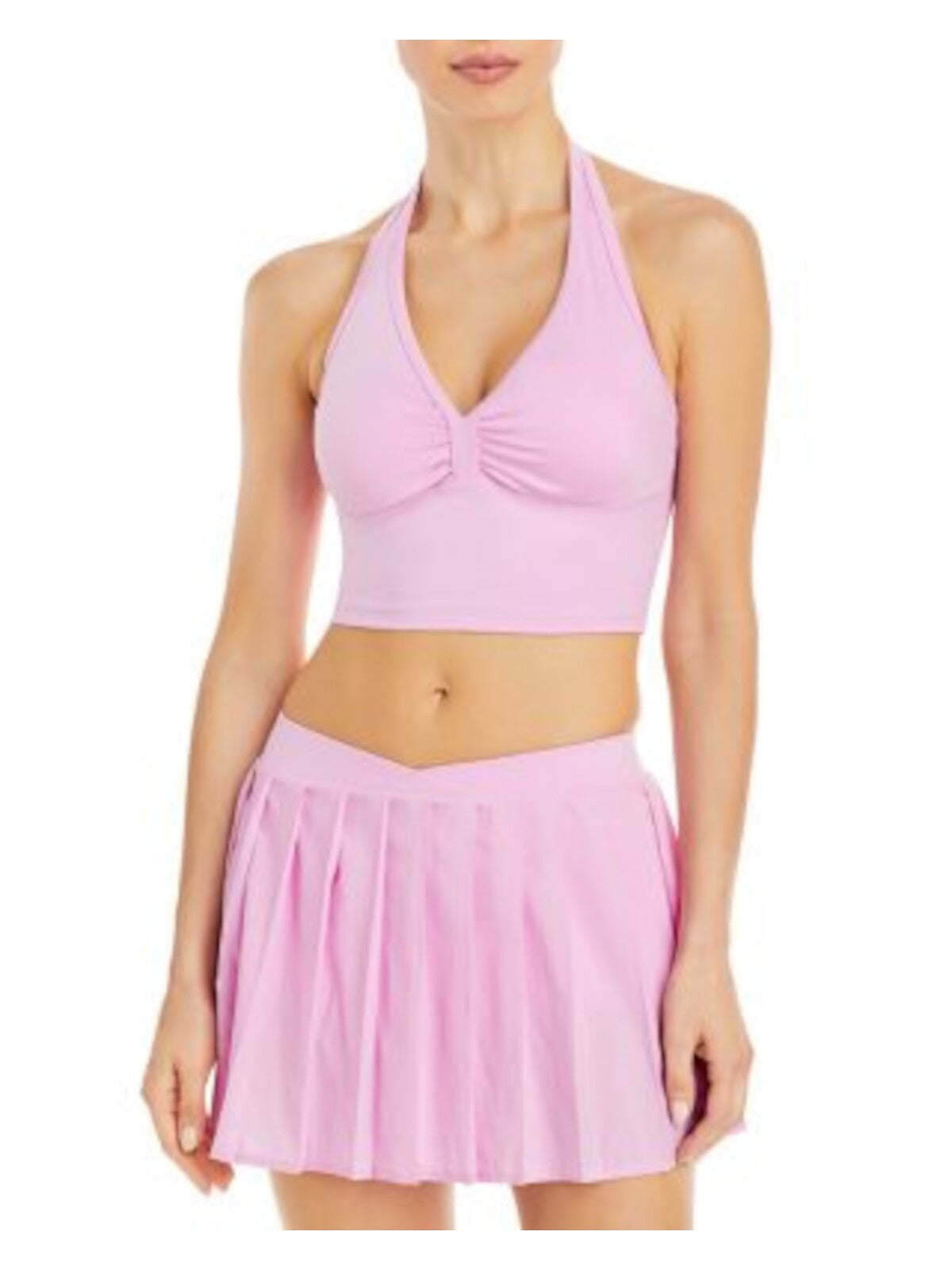 FRANKIES BIKINIS Womens Pink Ruched Removable Padded Cups Sleeveless Halter Crop Top L