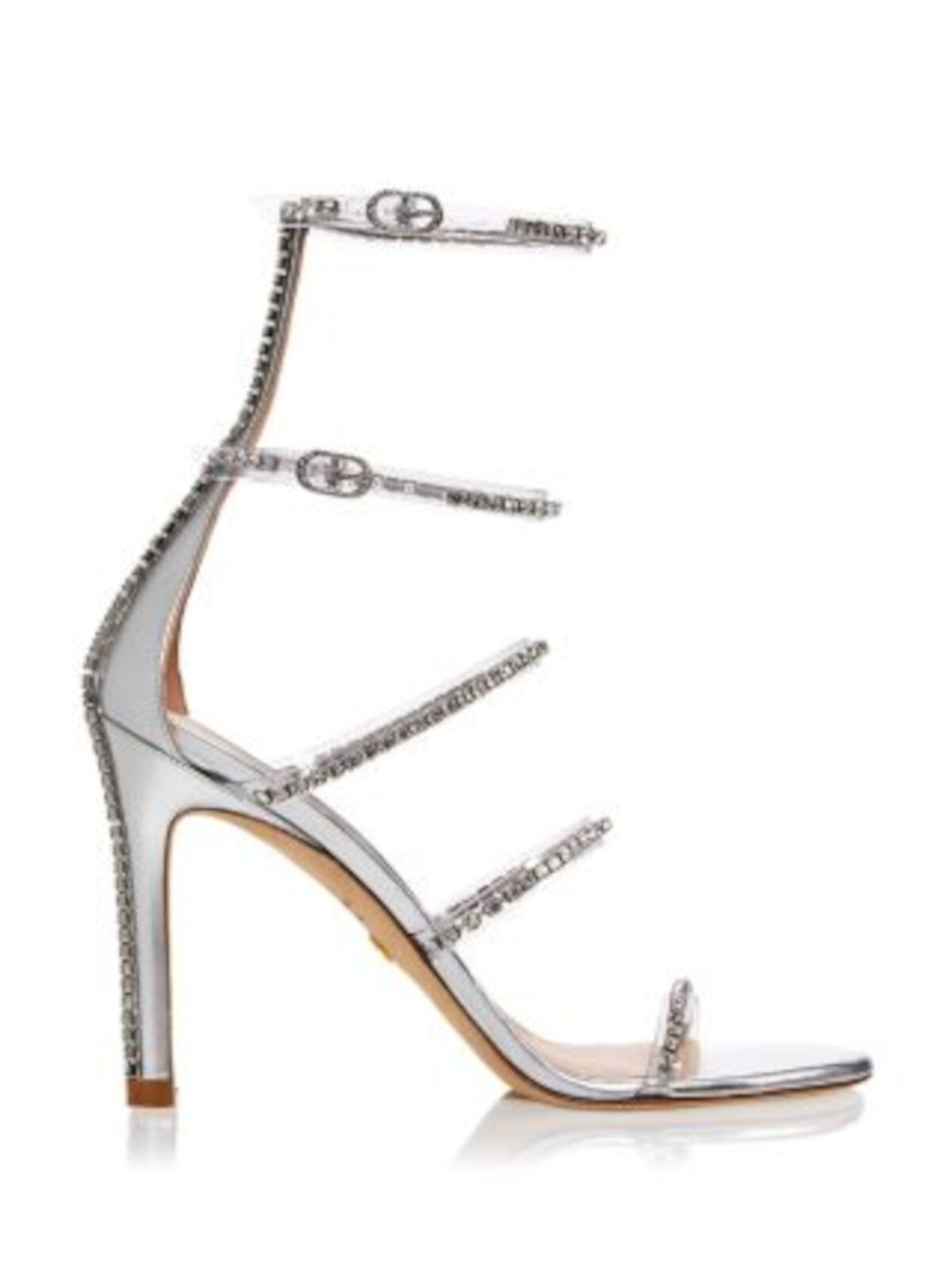 STUART WEITZMAN Womens Silver Cushioned Metallic Adjustable Ankle Strap Strappy Embellished Nudistglam Round Toe Stiletto Buckle Dress Heeled Gladiator Sandal 8.5