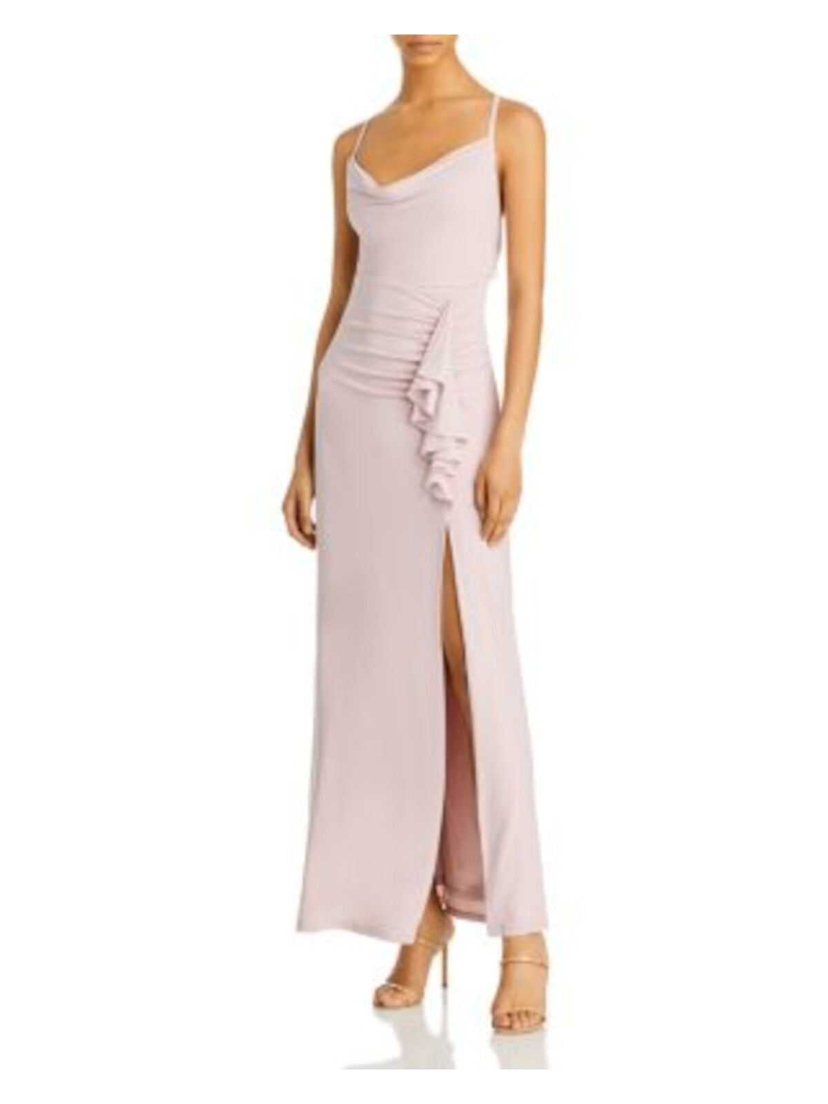 AQUA FORMAL Womens Pink Ruched Ruffled Slitted Spaghetti Strap Cowl Neck Full-Length Evening Gown Dress XS