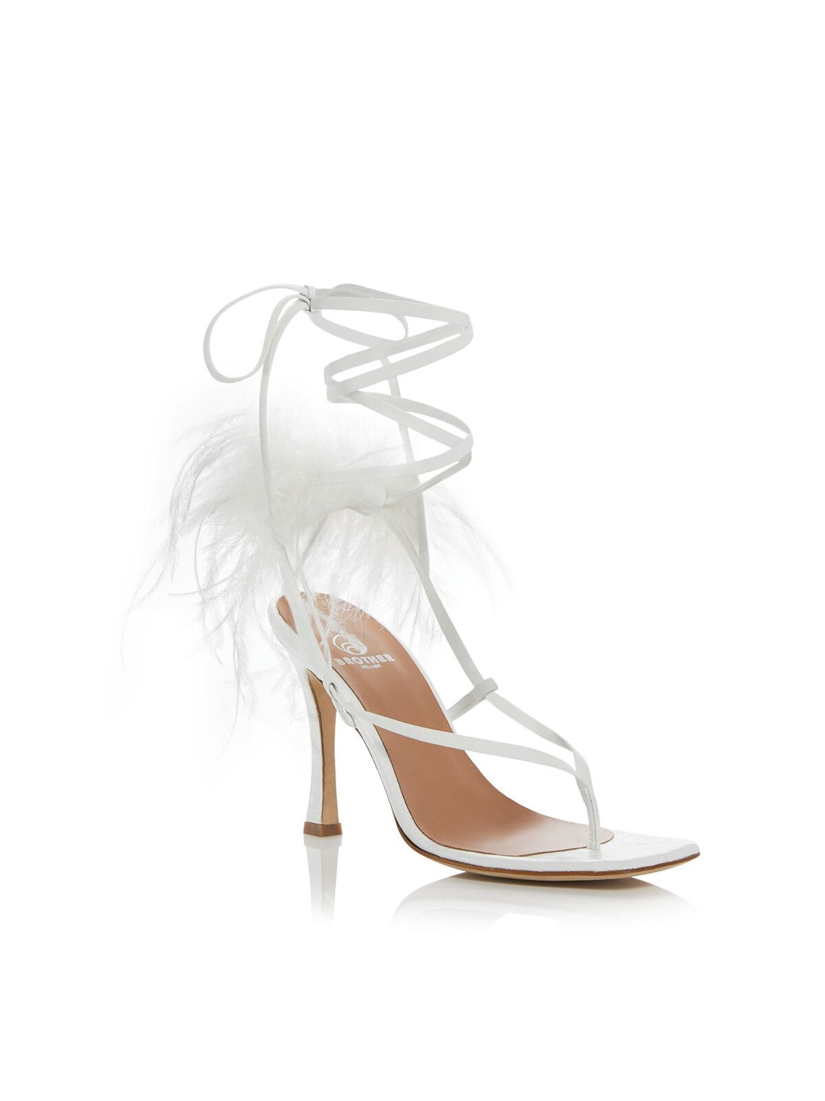 BROTHER VELLIES Womens White Feather Accent Paloma Square Toe Stiletto Lace-Up Leather Dress Heeled Sandal 5