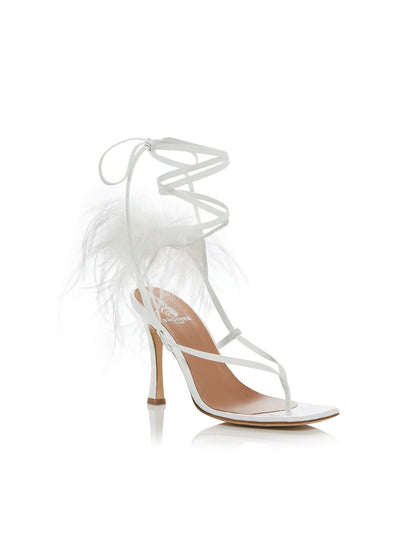 BROTHER VELLIES Womens White Feather Accent Paloma Square Toe Stiletto Lace-Up Leather Dress Heeled Sandal 5