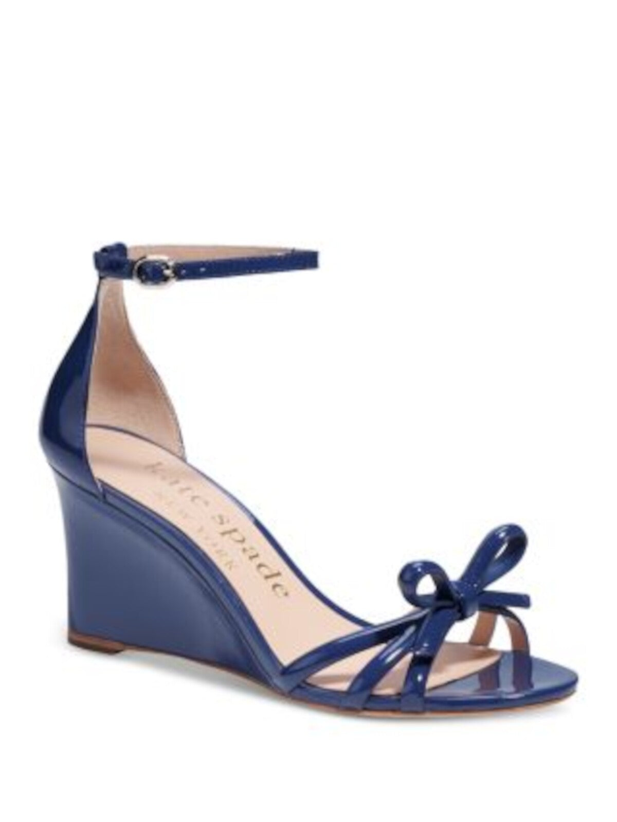 KATE SPADE NEW YORK Womens Blue Padded Bow Accent Ankle Strap Flamenco Round Toe Wedge Buckle Leather Heeled Sandal 9.5 B