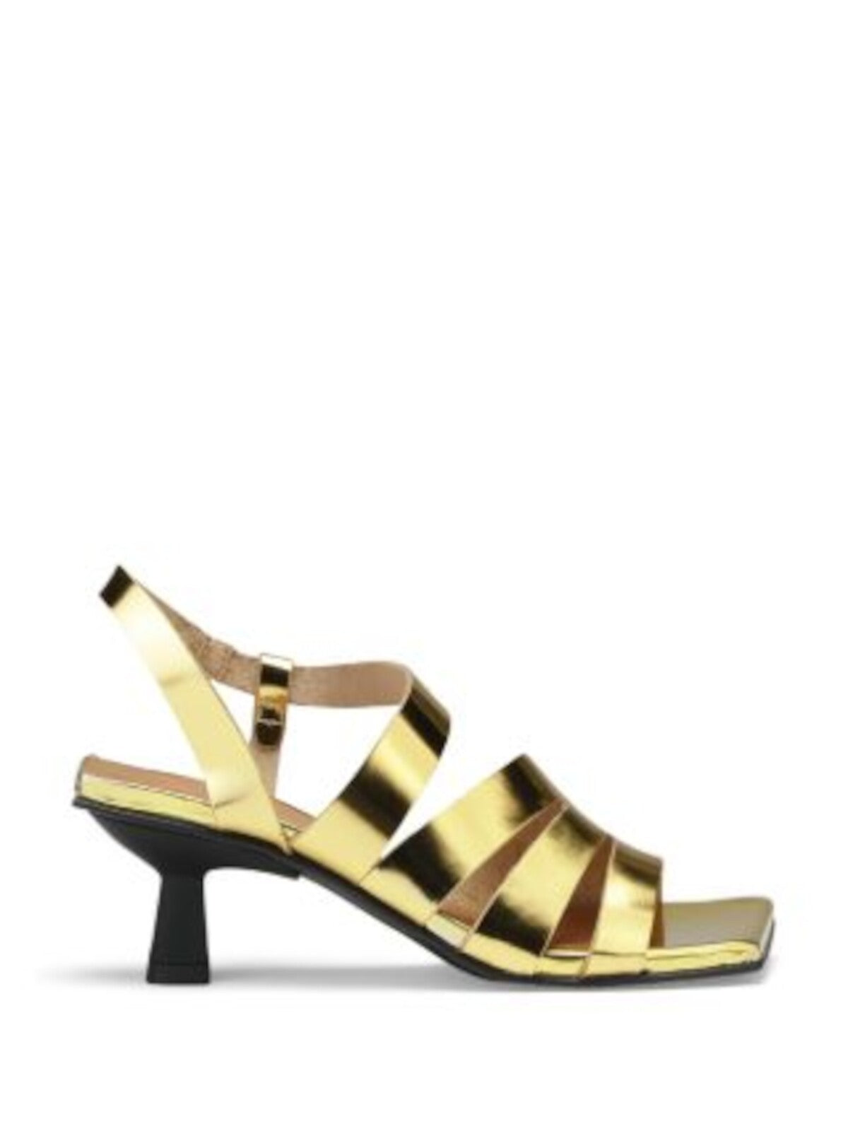 GANNI Womens Gold Padded Metallic Asymmetrical Asymmetric Square Toe Flare Buckle Leather Slingback Sandal 37