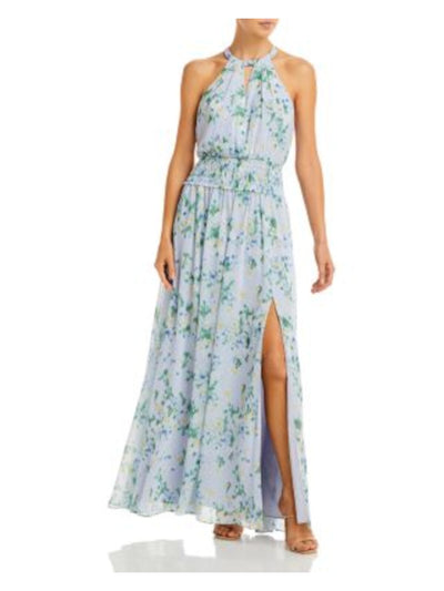 BCBG MAXAZRIA Womens Light Blue Cut Out Slitted Keyhole Back Smocked Waist Lined Printed Sleeveless Halter Full-Length Party Fit + Flare Dress 8