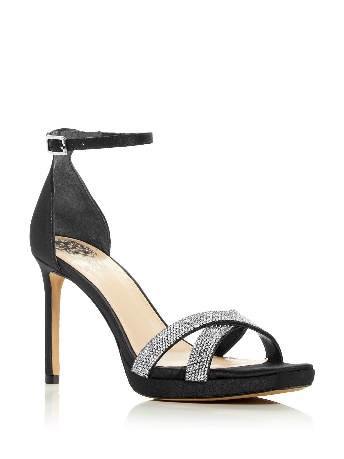 VINCE CAMUTO Womens Black Crossover Crystal Ankle Strap Embellished Kalvira Square Toe Stiletto Buckle Dress Heeled Sandal 6.5 M