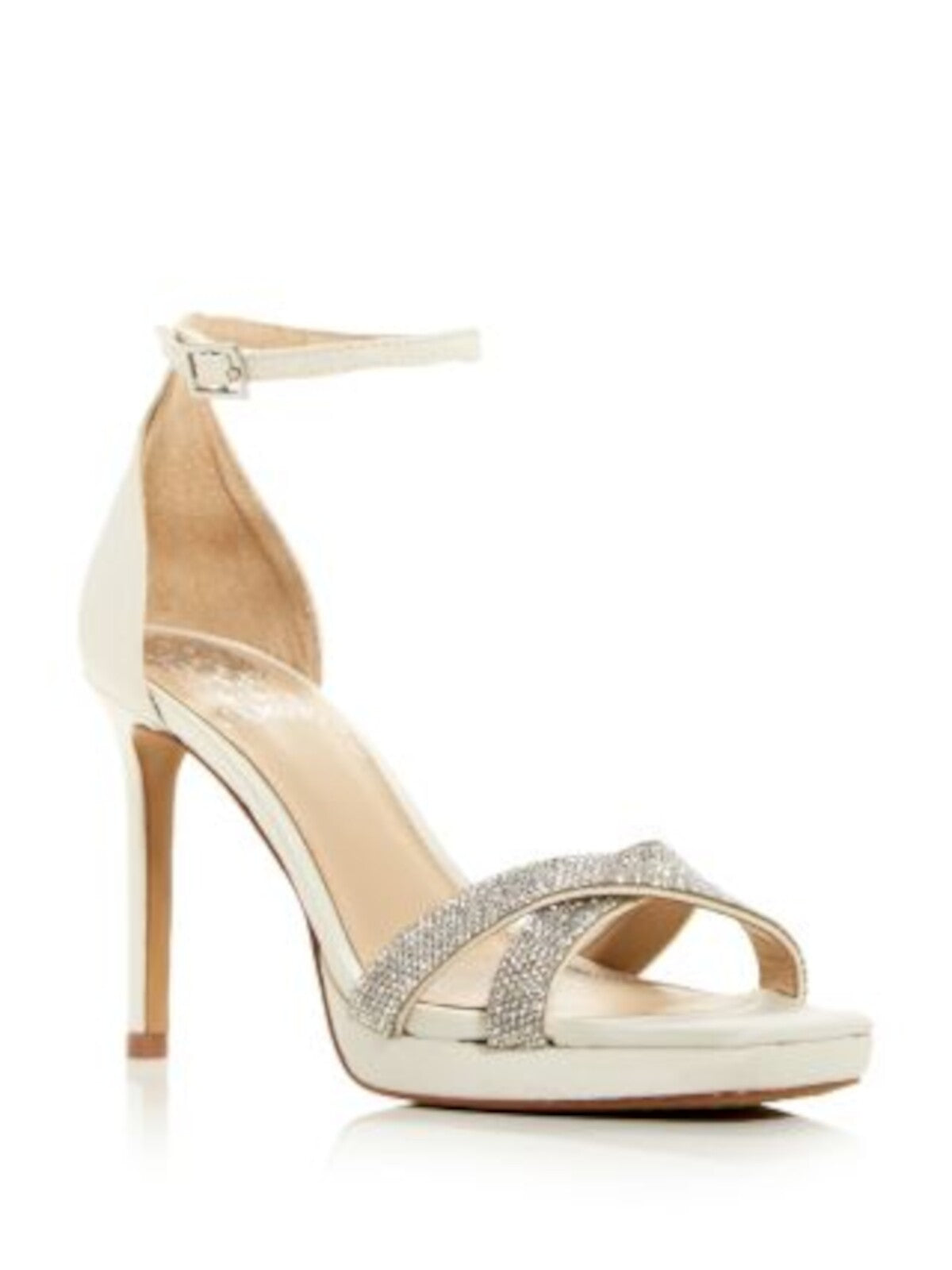 VINCE CAMUTO Womens Ivory Crossover Crystal Ankle Strap Embellished Kalvira Square Toe Stiletto Buckle Dress Heeled Sandal 9.5 M