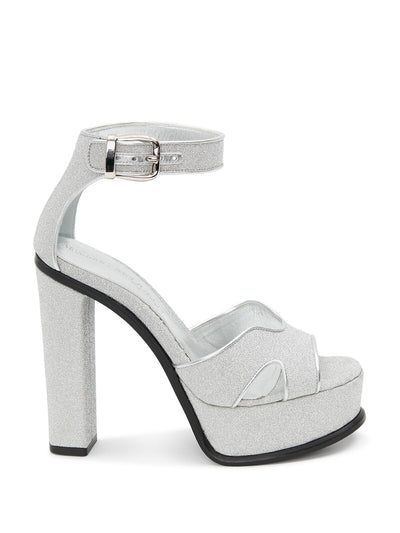 ALEXANDER MCQUEEN Womens Silver Ankle Strap Padded Platform 1-1/2" Glitter Cut Out Round Toe Block Heel Buckle Dress Heeled Sandal 37.5