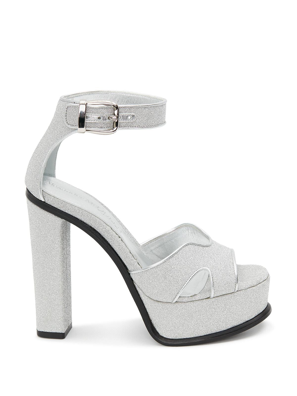 ALEXANDER MCQUEEN Womens Silver Ankle Strap Padded Platform 1-1/2" Glitter Cut Out Round Toe Block Heel Buckle Dress Heeled Sandal 41