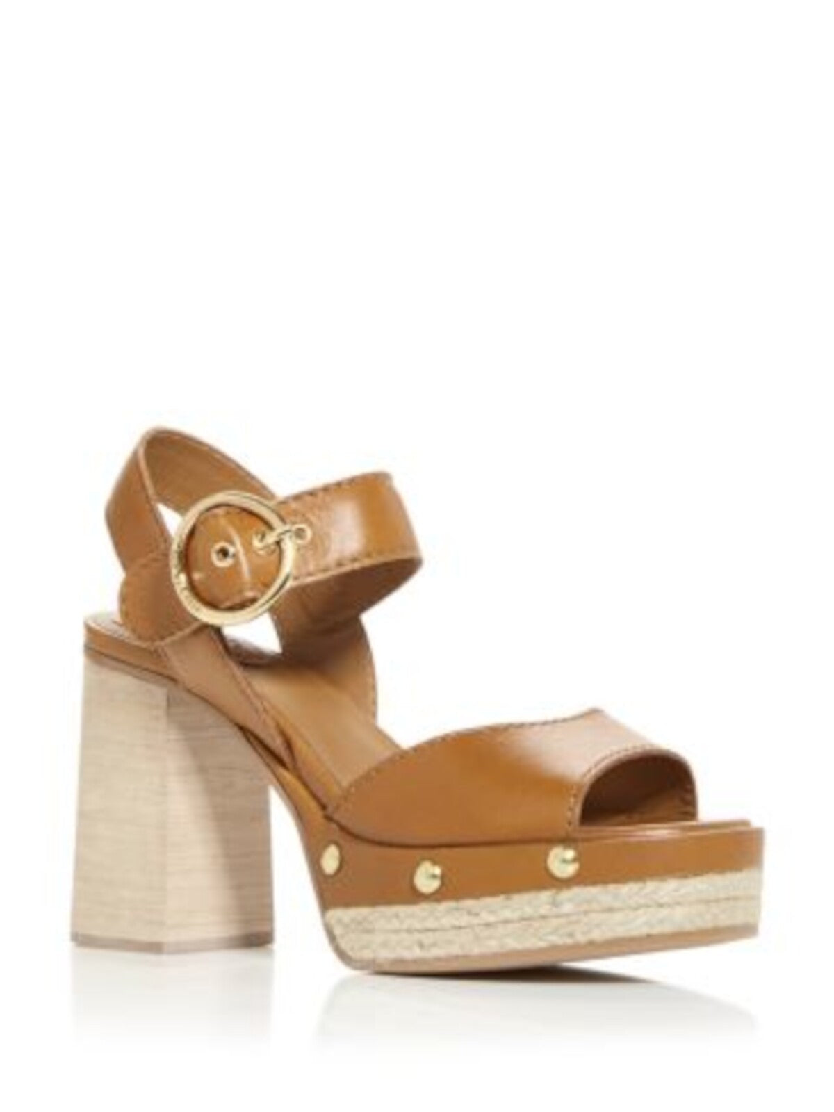 SEE BY CHLOE Womens Beige 1-1/2" Platform Padded Studded Viviane Round Toe Block Heel Buckle Leather Heeled Sandal 40