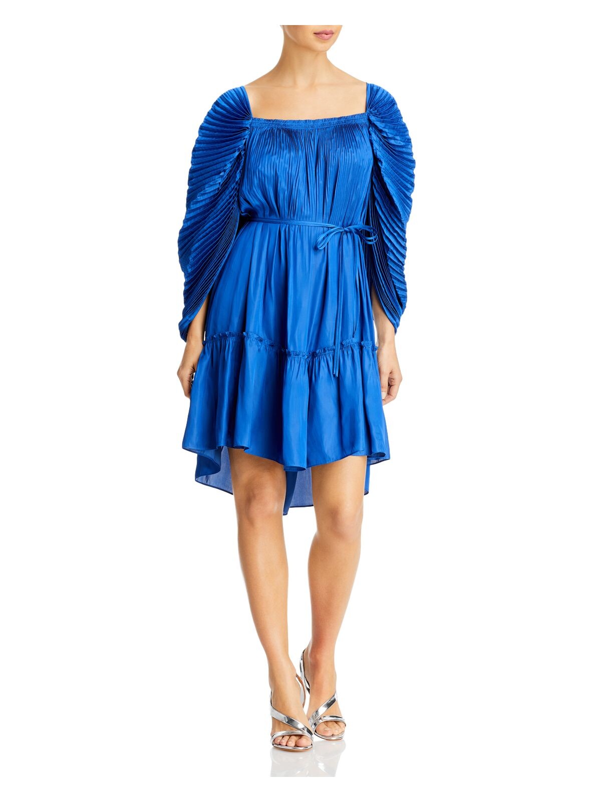 KOBI HALPERIN Womens Blue Pleated Ruffled Pullover Unlined Tie Back Sheer Pouf Sleeve Square Neck Above The Knee Cocktail Fit + Flare Dress S