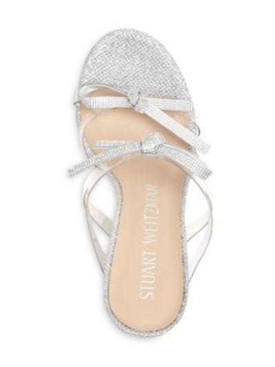 STUART WEITZMAN Womens Silver Clear Knotted Padded Rhinestone Glitter Bow 100 Round Toe Stiletto Slip On Heeled Sandal 6 M