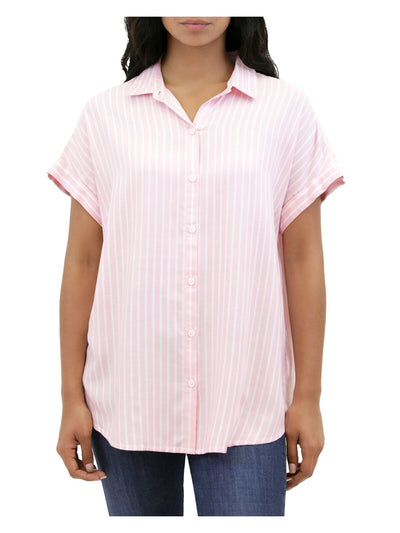 BEACHLUNCHLOUNGE COLLECTION Womens Pink Striped Short Sleeve Collared Button Up Top XS