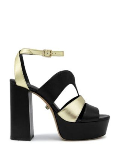 ILIO SMERALDO Womens Black Color Block 1-1/2" Platform Metallic Ankle Strap Padded Open Toe Block Heel Buckle Leather Heeled Sandal 37