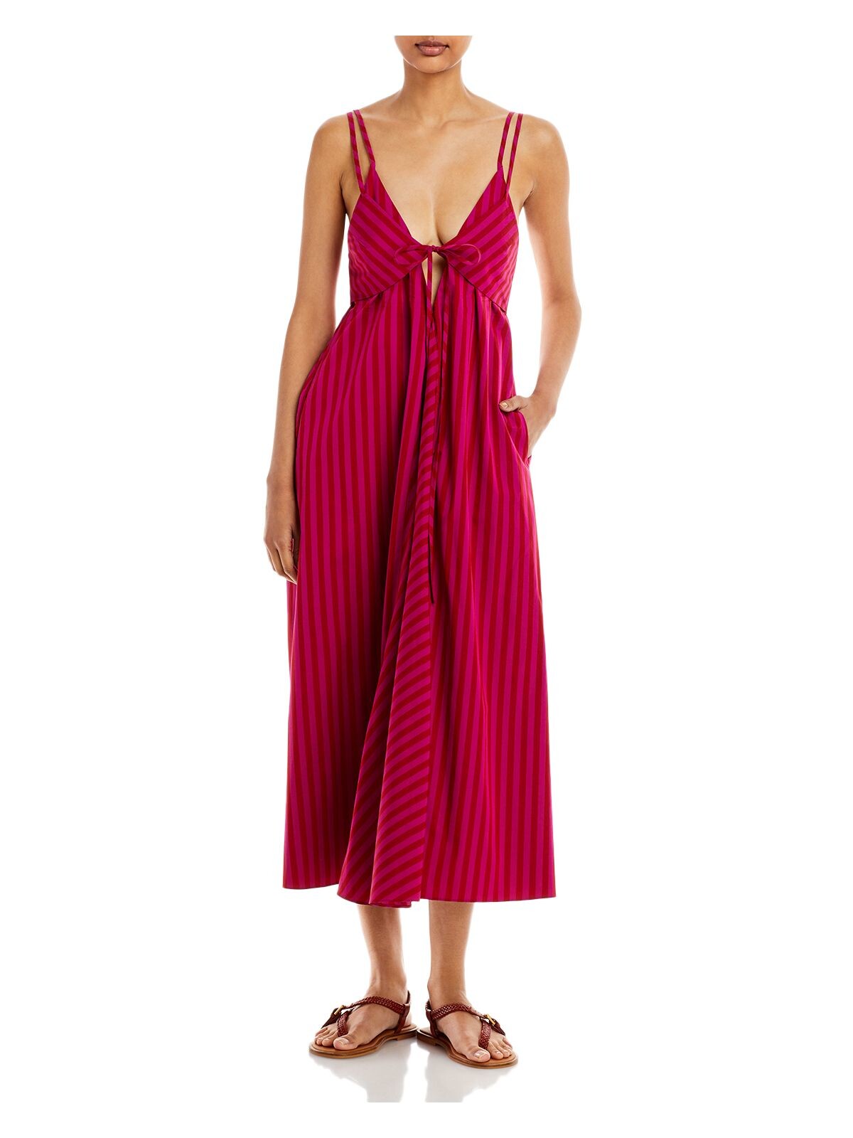 REBECCA TAYLOR Womens Purple Tie Open Back Unlined Textured Striped V Neck Tea-Length Fit + Flare Dress 6