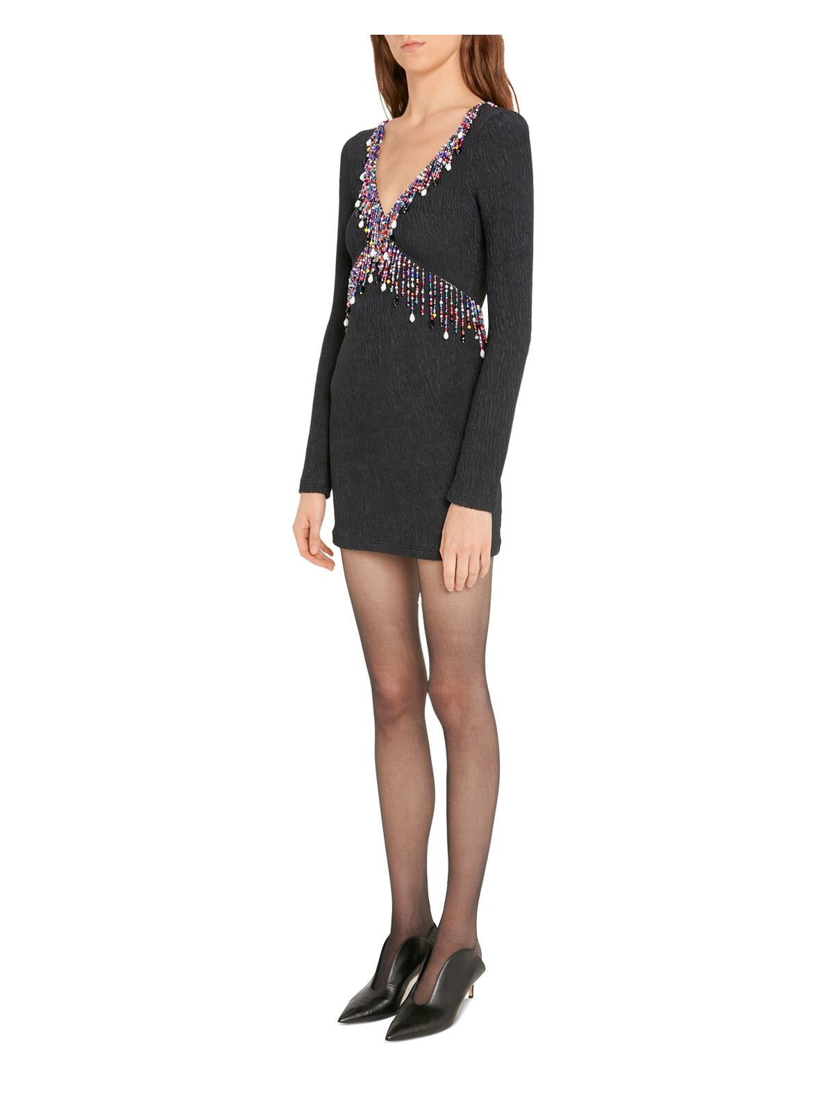 CHRISTOPHER KANE Womens Black Zippered Textured Beaded Unlined Long Sleeve V Neck Mini Cocktail Sheath Dress 4