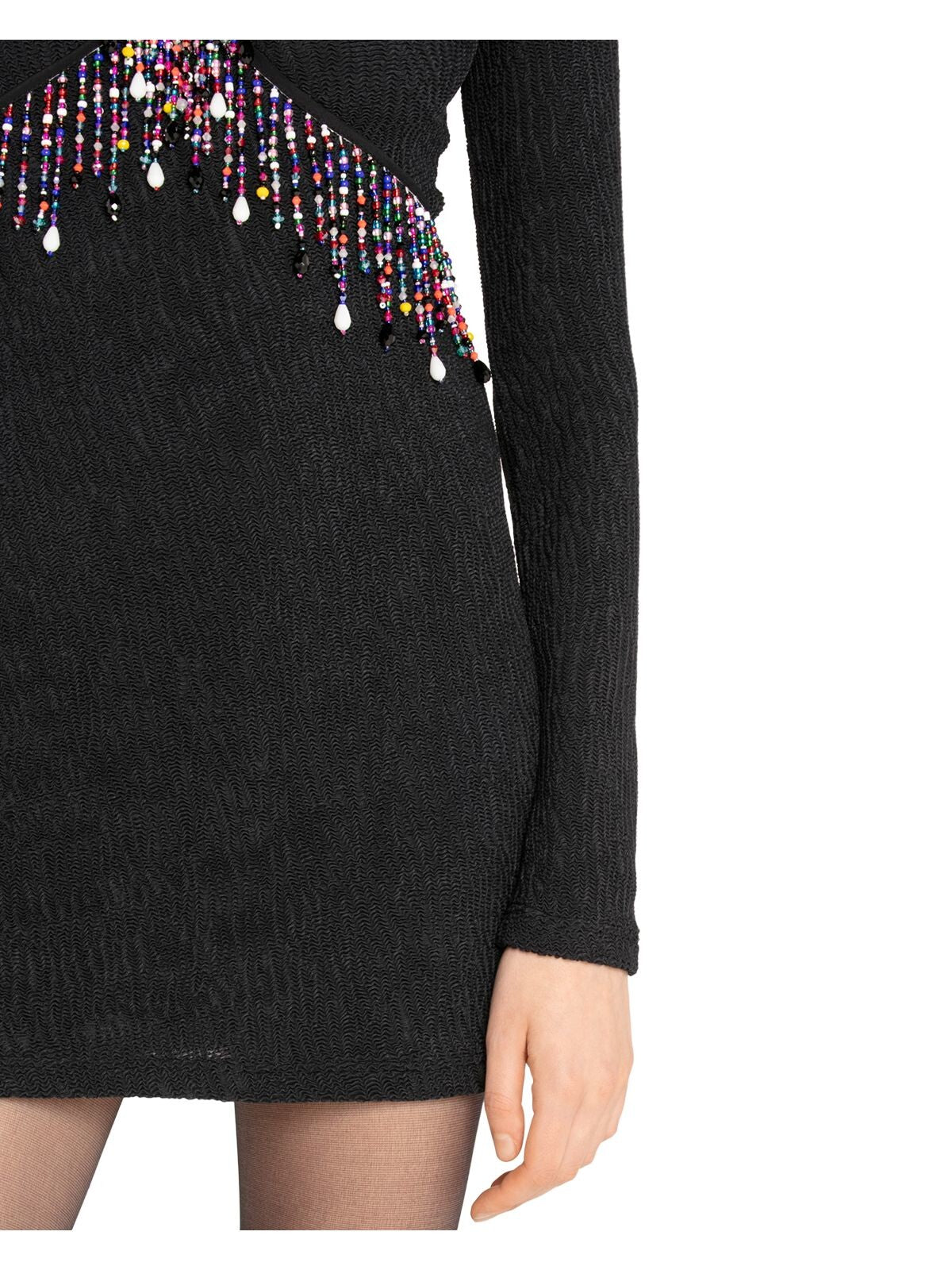 CHRISTOPHER KANE Womens Black Zippered Textured Beaded Unlined Long Sleeve V Neck Mini Cocktail Sheath Dress 4