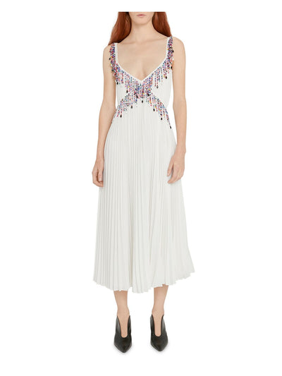 CHRISTOPHER KANE Womens White Beaded Pleated Lined Sheer Adjustable Spaghetti Strap V Neck Midi Cocktail Fit + Flare Dress 6