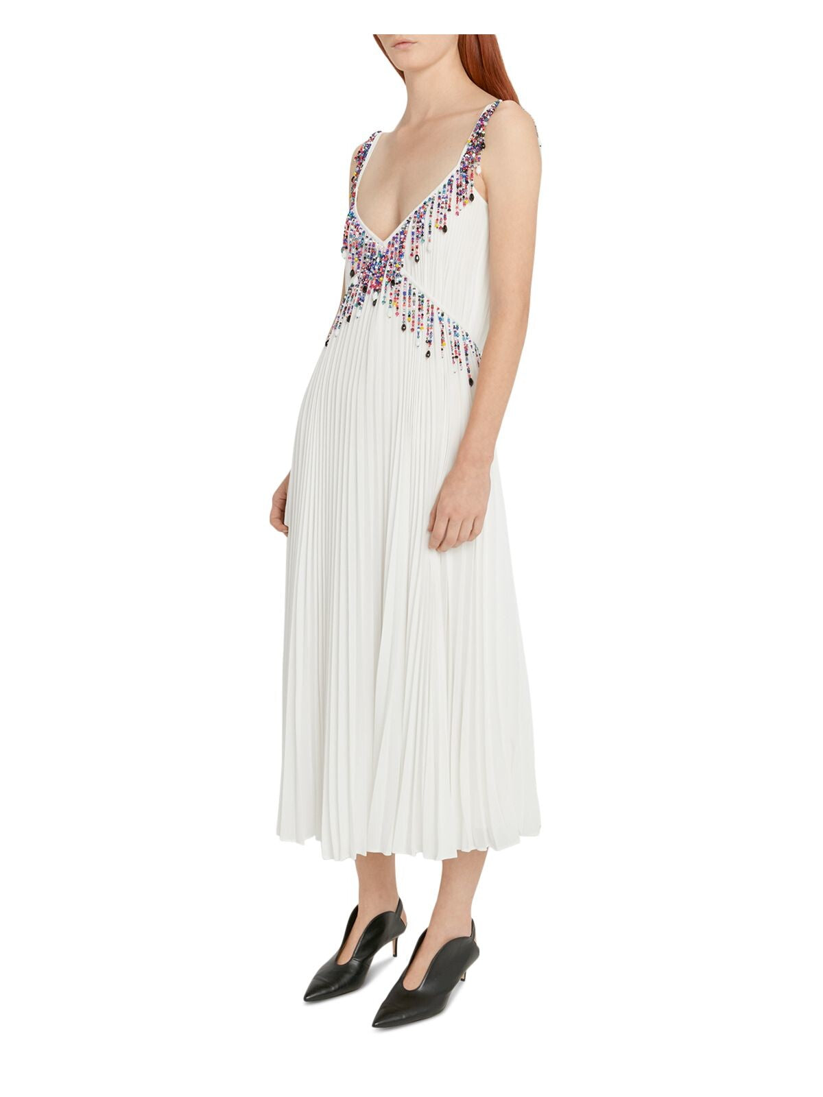 CHRISTOPHER KANE Womens White Beaded Pleated Lined Sheer Adjustable Spaghetti Strap V Neck Midi Cocktail Fit + Flare Dress 6