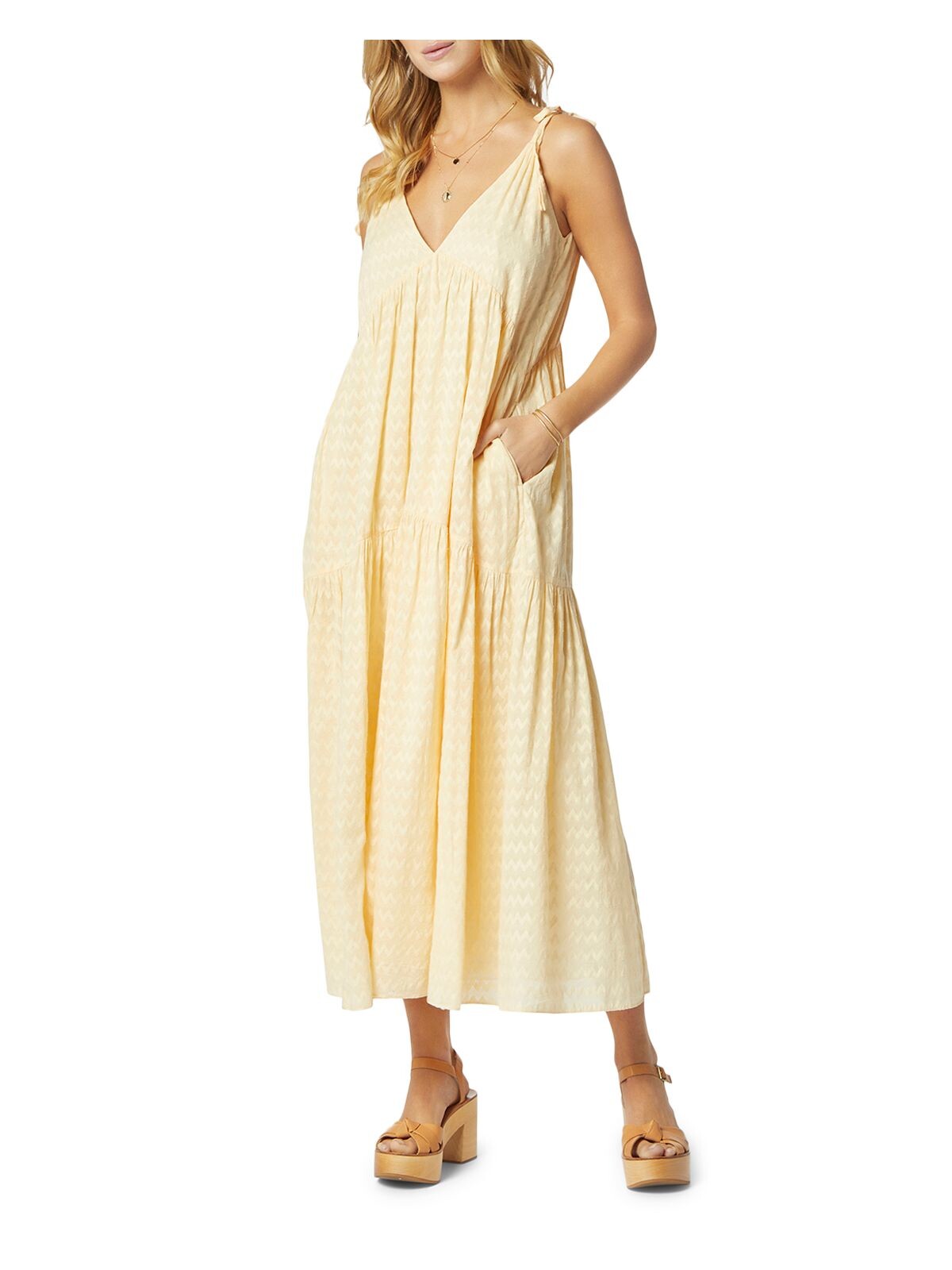 JOIE Womens Yellow Adjustable Pocketed Chevron Sleeveless V Neck Tea-Length Shift Dress L