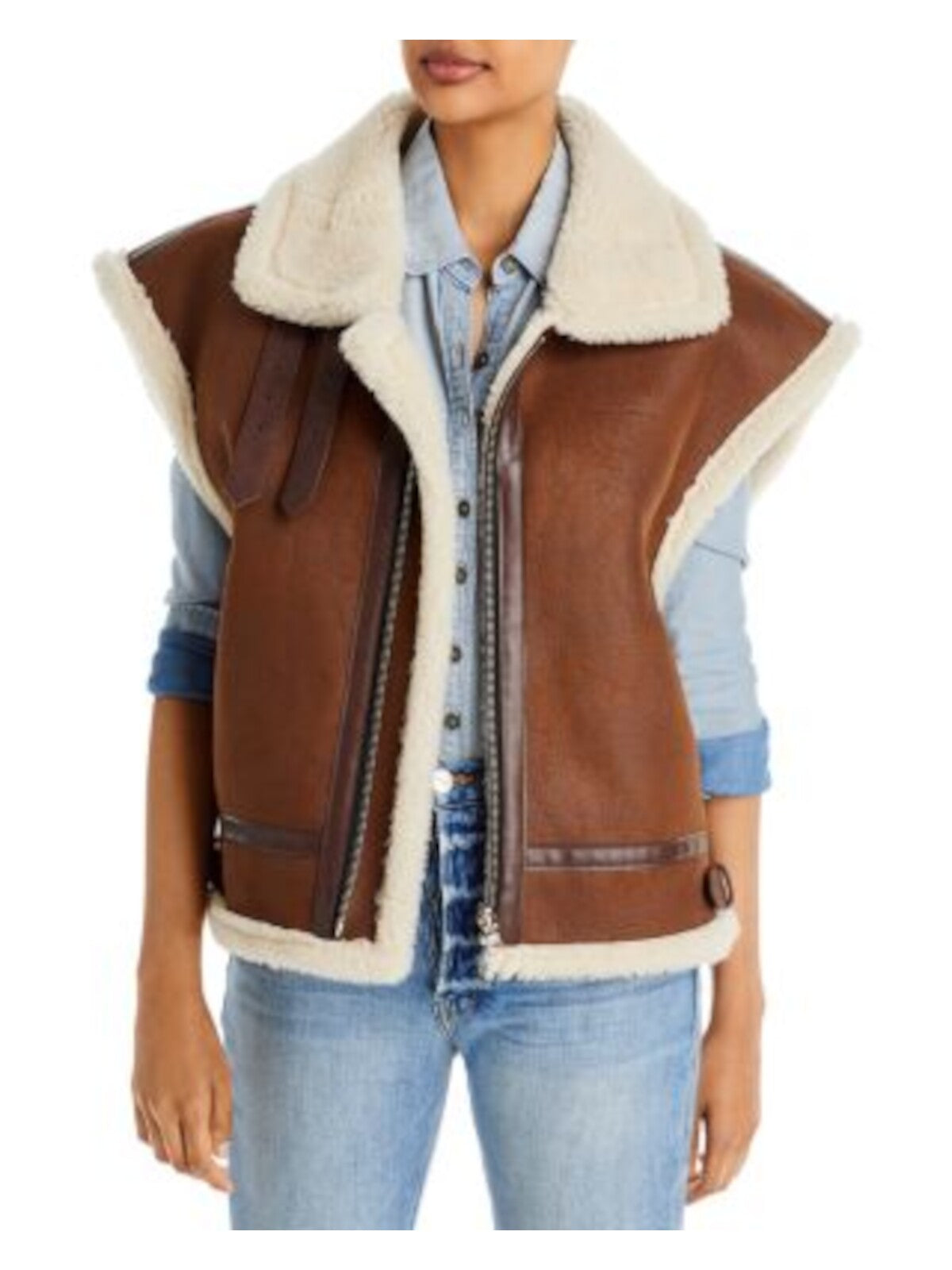 MOON RIVER Womens Brown Zippered Pocketed Buckle Accents Vest Jacket L