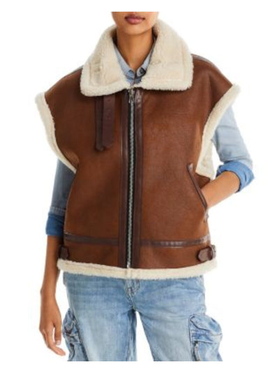 MOON RIVER Womens Brown Zippered Pocketed Buckle Accents Vest Jacket L