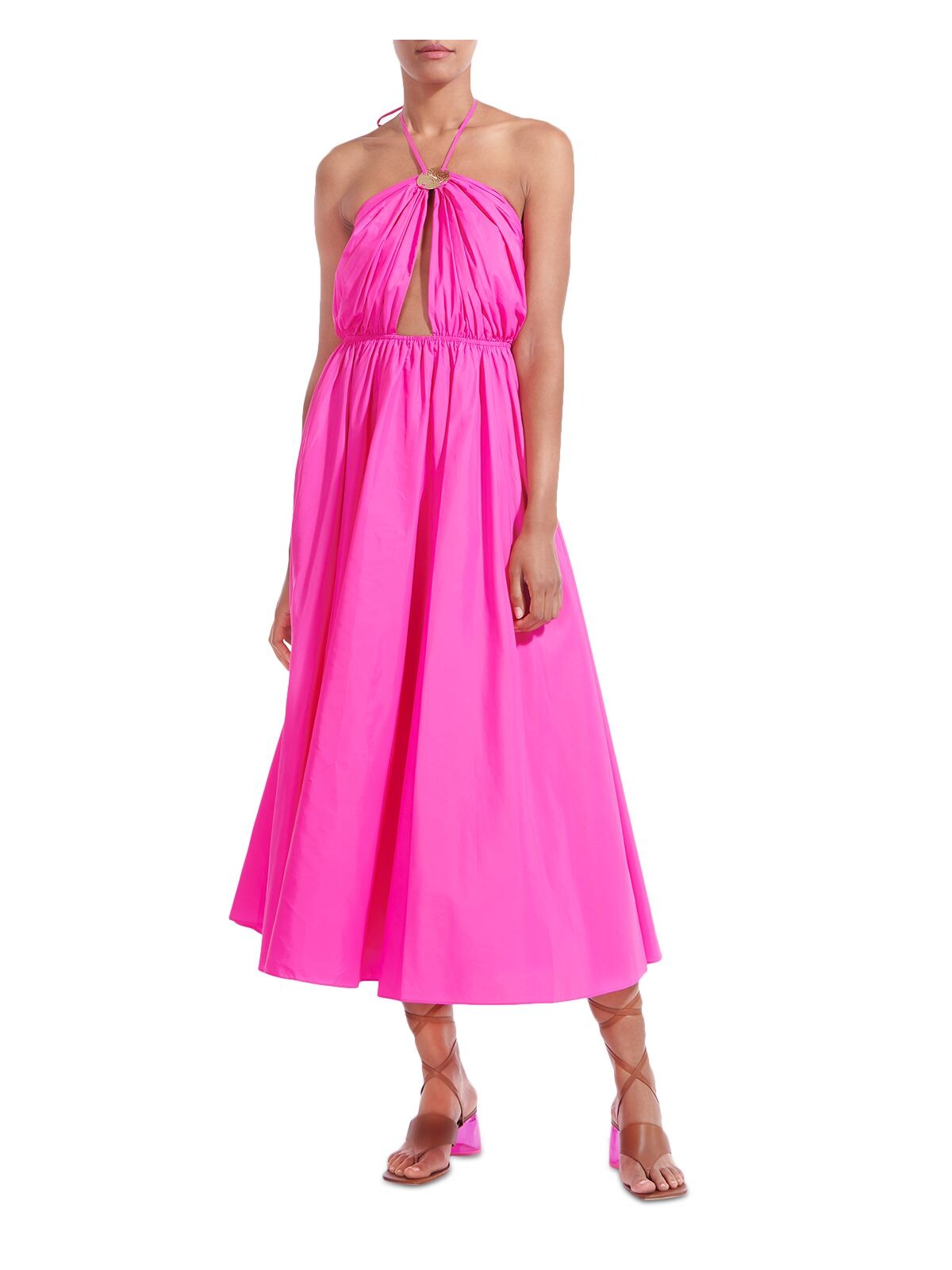 STAUD Womens Pink Zippered Cut Out Open Back Tie Closure Sleeveless Halter Midi Party Fit + Flare Dress 8