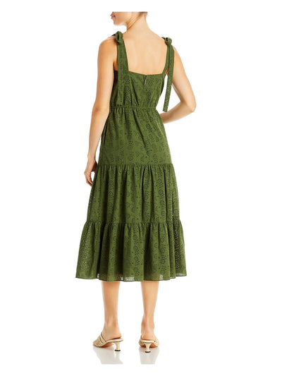 JASON WU Womens Green Zippered Pocketed Eyelet Tie Lined Tiered Sleeveless Square Neck Midi Fit + Flare Dress 0