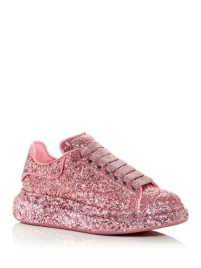 ALEXANDER MCQUEEN Womens Pink Glitter Metallic Laces Leather Trim Padded Glitter Round Toe Platform Lace-Up Sneakers Shoes 35.5