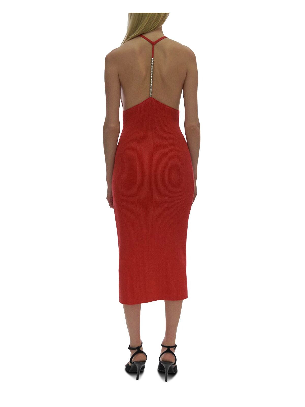 HELMUT LANG Womens Red Knit Ribbed Beaded Y Back Sleeveless Round Neck Below The Knee Cocktail Body Con Dress XL