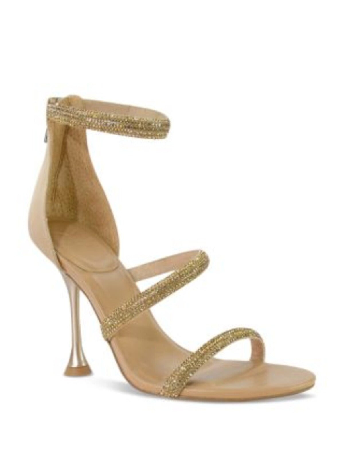 MARC FISHER LTD Womens Beige Rhinestone Padded Strappy Carita Open Toe Sculpted Heel Zip-Up Dress Heeled Sandal 7.5 M