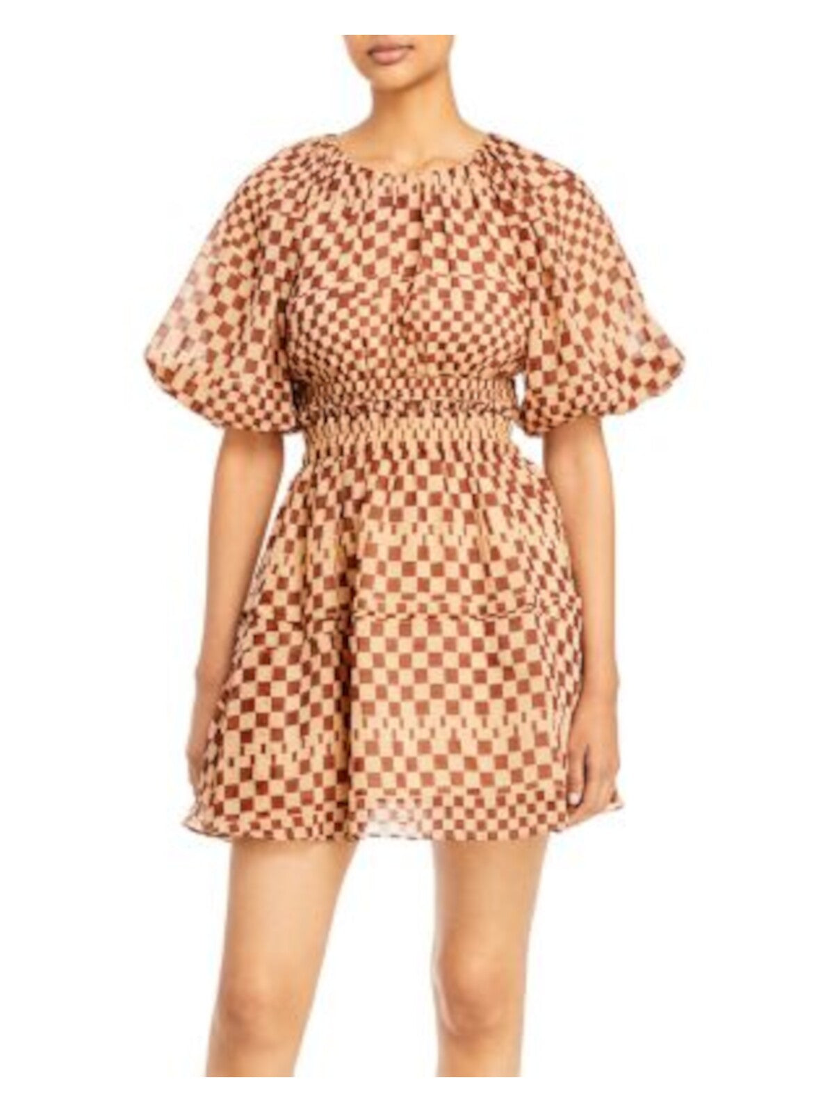 MOON RIVER Womens Beige Cut Out Ruffled Button Back Smocked Waist Lined Check Pouf Sleeve Round Neck Mini Sheath Dress XS