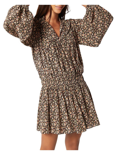 JOIE Womens Brown Tie Smocked Ruffled Gathered Floral Blouson Sleeve Split Above The Knee Drop Waist Dress 8