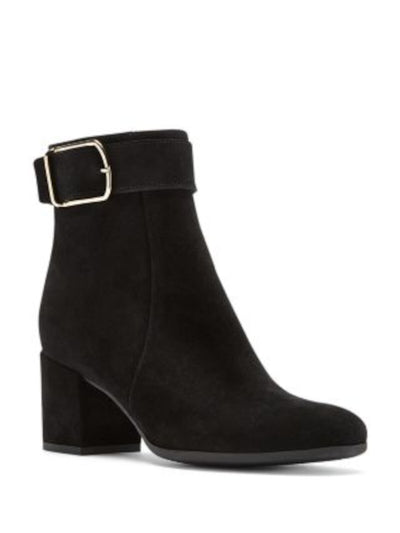 LA CANADIENNE Womens Black Breathable Cushioned Buckle Accent Waterproof Jesse Square Toe Block Heel Zip-Up Leather Heeled Boots 5 M
