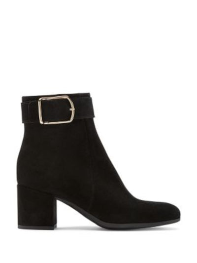 LA CANADIENNE Womens Black Breathable Cushioned Buckle Accent Waterproof Jesse Square Toe Block Heel Zip-Up Leather Heeled Boots 5 M