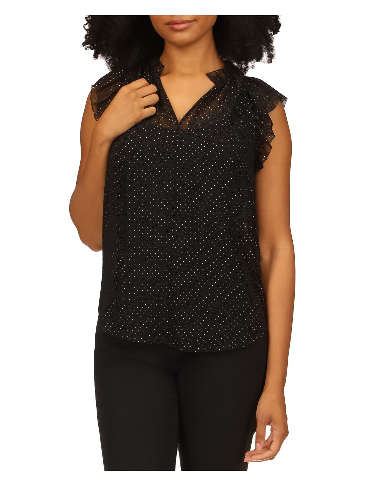 MICHAEL MICHAEL KORS Womens Black Ruffled Sheer Dewdrop Lined Hook And Eye Polka Dot Short Sleeve Split Top L