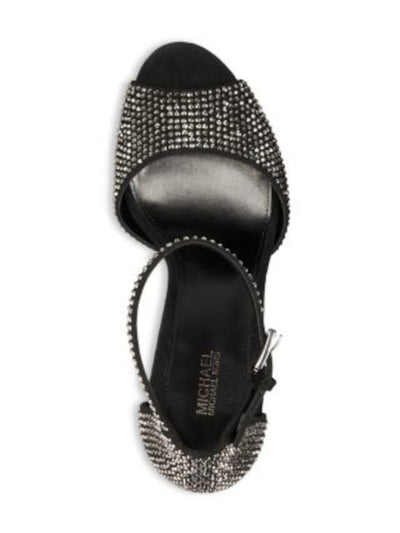 MICHAEL MICHAEL KORS Womens Black Metallic Heel Ankle Strap Rhinestone Padded Porter Peep Toe Sculpted Heel Buckle Heeled Sandal 8.5