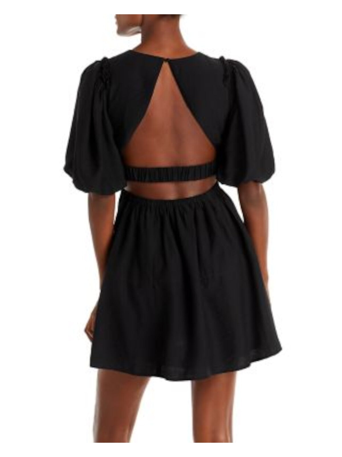 MOON RIVER Womens Black Cut Out Gathered Back Elastic Strap Pouf Sleeve Round Neck Mini Party Fit + Flare Dress M