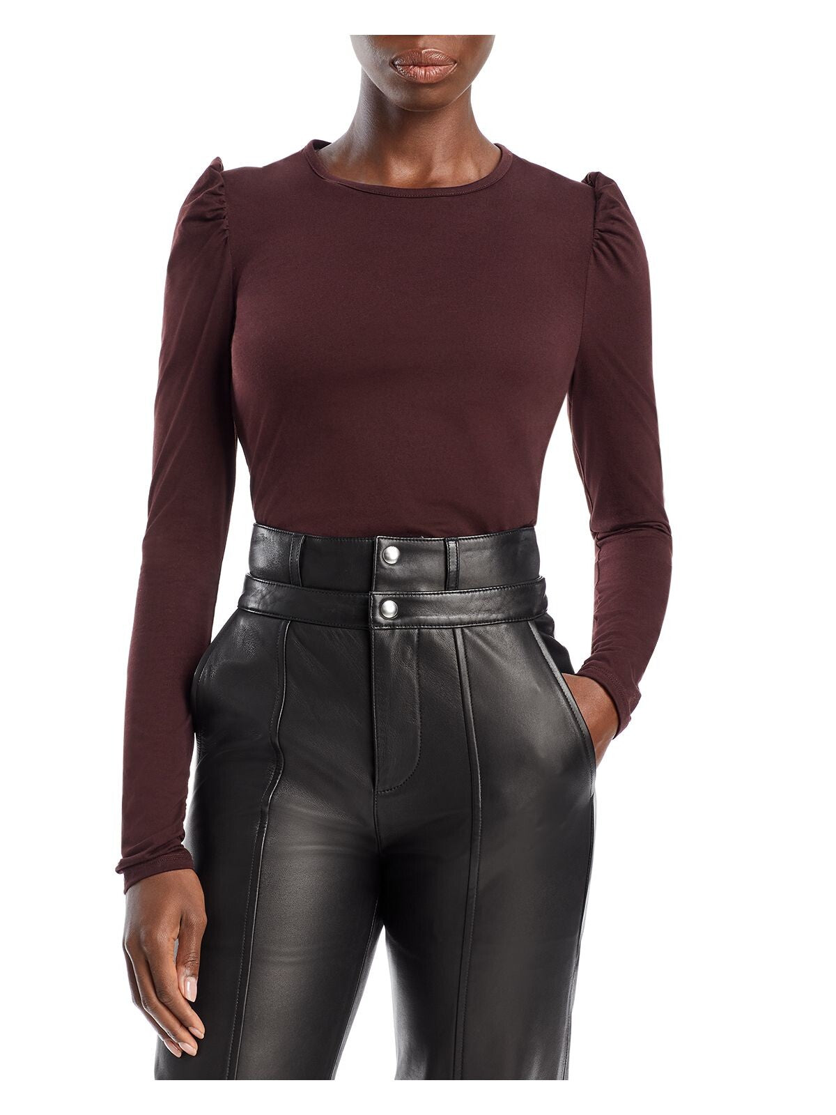 REBECCA TAYLOR Womens Burgundy Ruched Pullover Slim Fit Pouf Sleeve Crew Neck Top XS