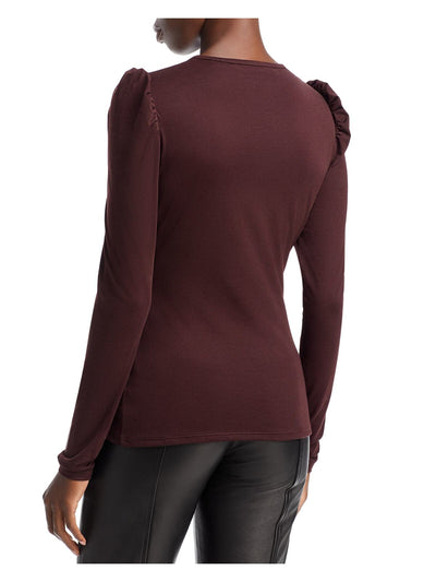 REBECCA TAYLOR Womens Burgundy Ruched Pullover Slim Fit Pouf Sleeve Crew Neck Top XS