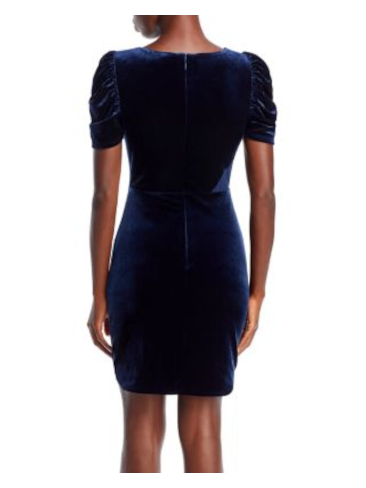 BCBG MAXAZRIA Womens Navy Ruched Zippered Mesh Side Panel Draped Skirt Pouf Sleeve Round Neck Short Cocktail Sheath Dress L